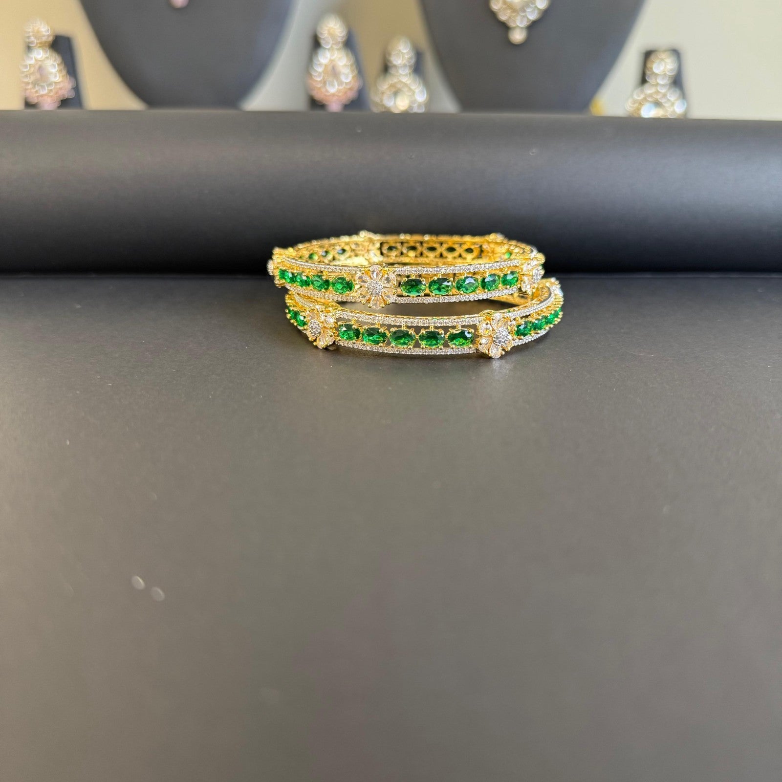 2 Piece Set Artificial 2.4 Indian High Quality  Stone Bangle Gold Plated & Green