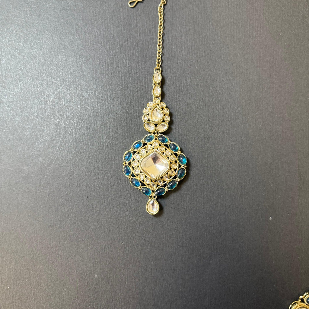 Indian Bridal Kundan Polki Choker Necklace Set Teal Blue Gold Earring & Tikka