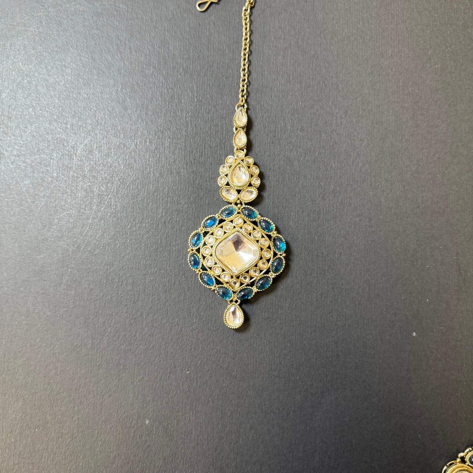 Indian Bridal Kundan Polki Choker Necklace Set Teal Blue Gold Earring & Tikka
