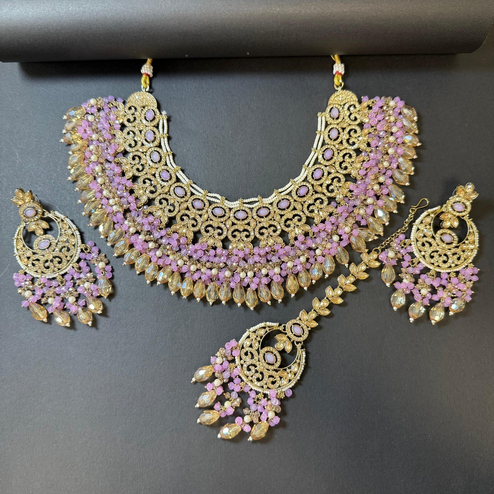 Bollywood Indian Pakistani Wedding Polki Necklace Set Lilac Gold Choker Earrings