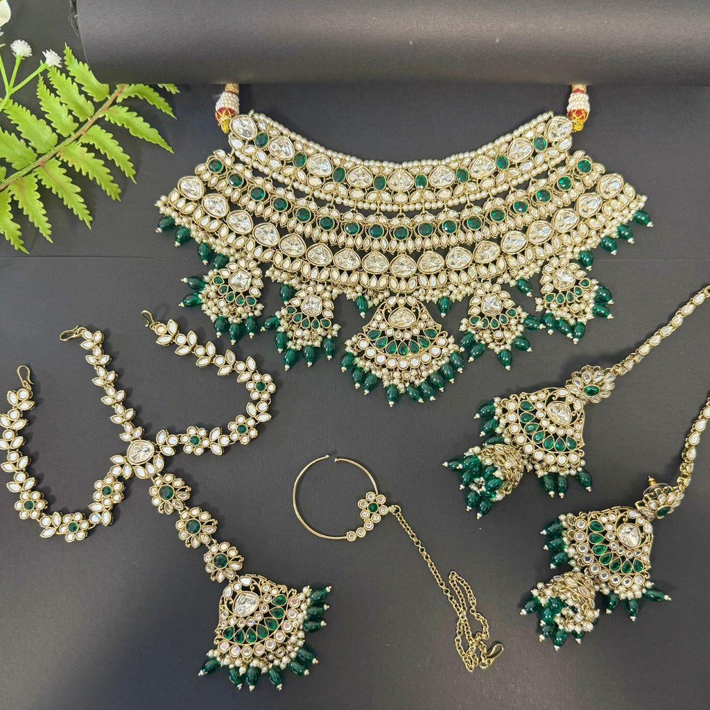 Luxury Semi-Bridal Pachi Kundan Jewelry Set – Necklace, Sahara Earrings, Sheesh