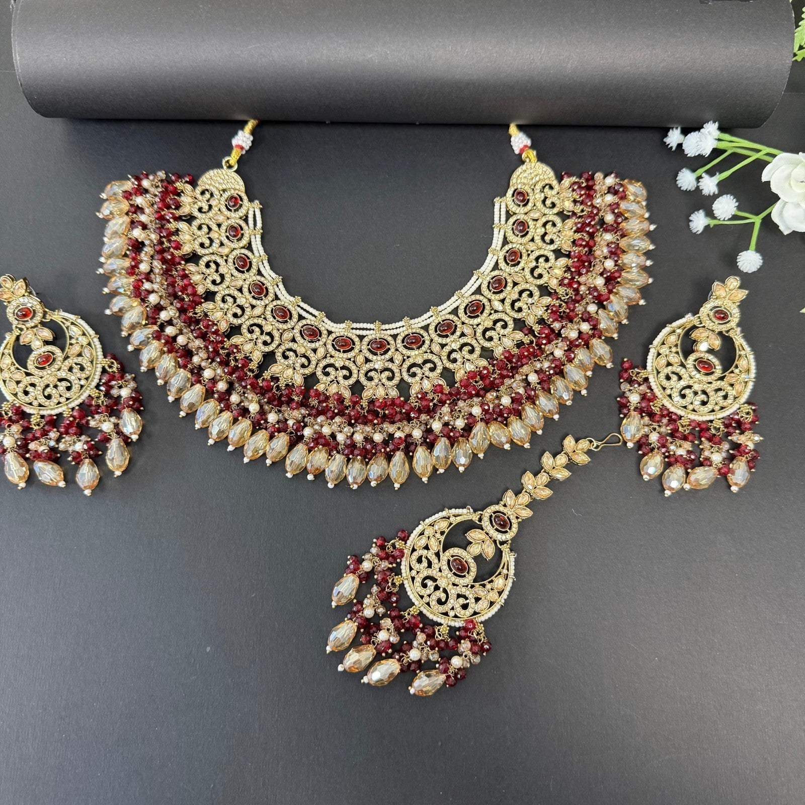 Bollywood Indian Wedding Jewelry Set Maroon Gold Plated Necklace Earrings& Tikka