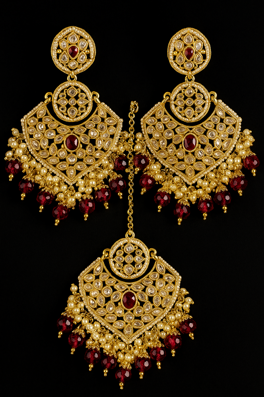 Chandbali Earrings Tikka Set Gold Ruby Polki Beads Bollywood Indian