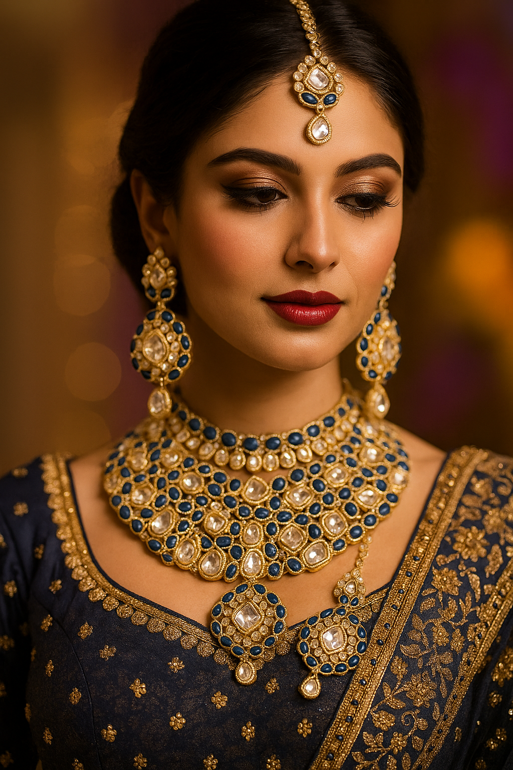 Indian Bridal Kundan Polki Choker Necklace Set Teal Blue Gold Earring & Tikka