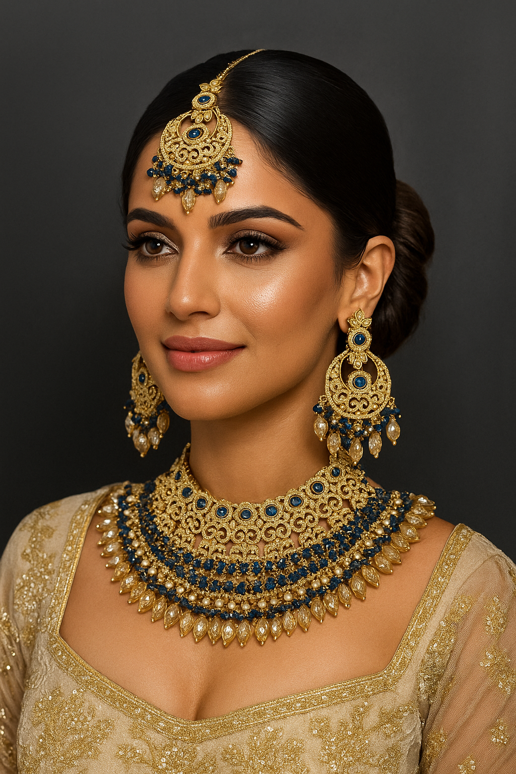 Blue Jewelry Set Gold Plated Pearl Necklace Earrings Maang Tikka Indian Wedding