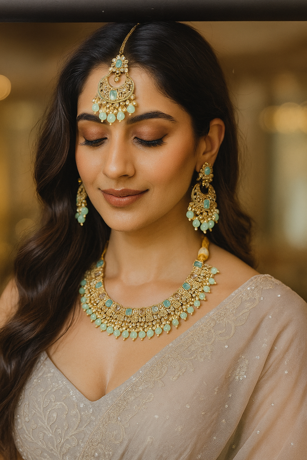 Mint Green Stone Pearl Indian Necklace Set Earrings & Maang Tikka Gold Plated