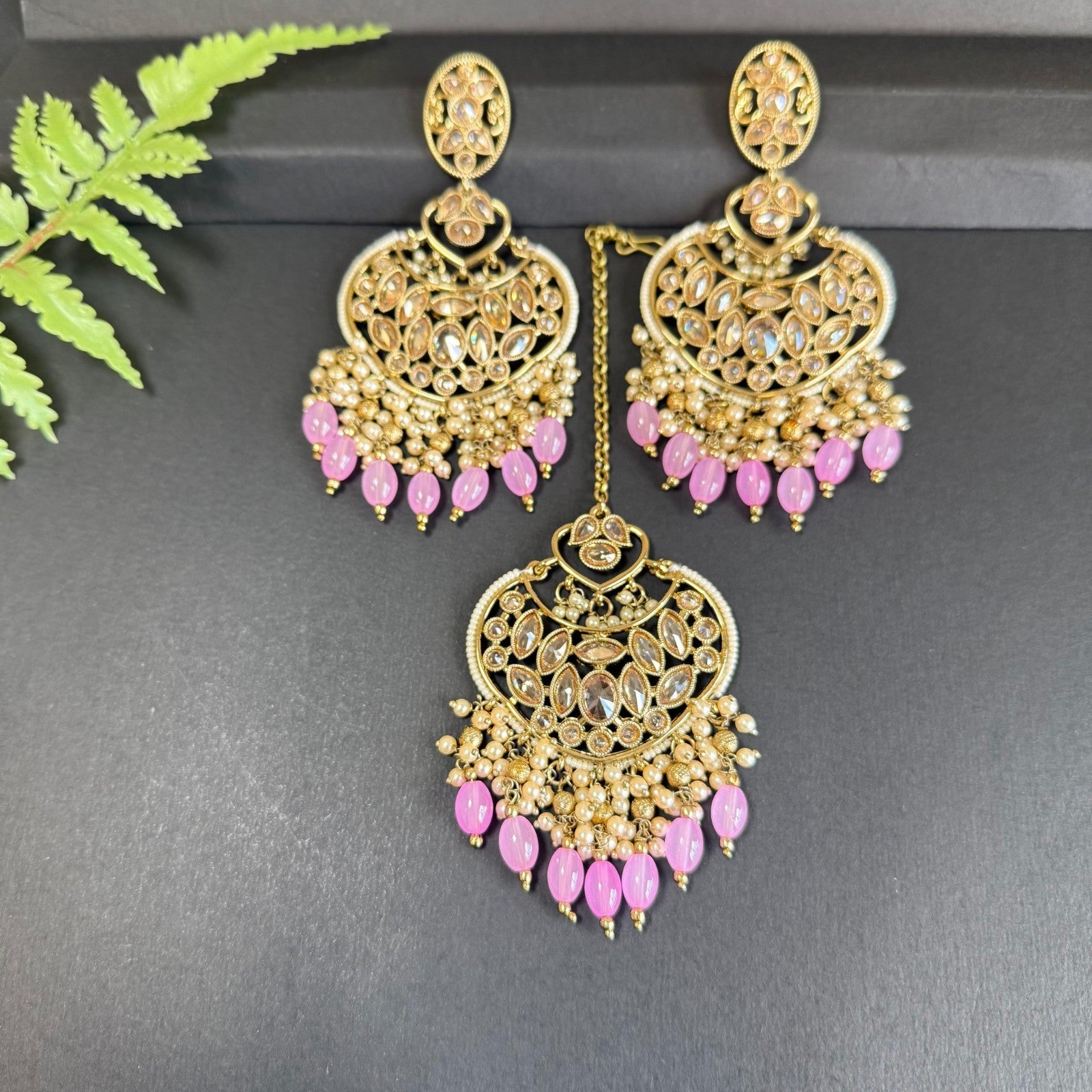 Indian Diamond Cut Earrings Tikka Set Baby Pink Beaded Kundan Jewelry Party Set