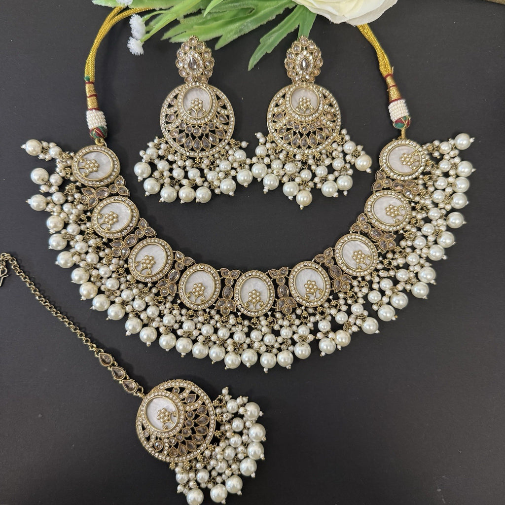 Luxury MOP Mother of Pearl Necklace and Earrings Maang Tikka Set