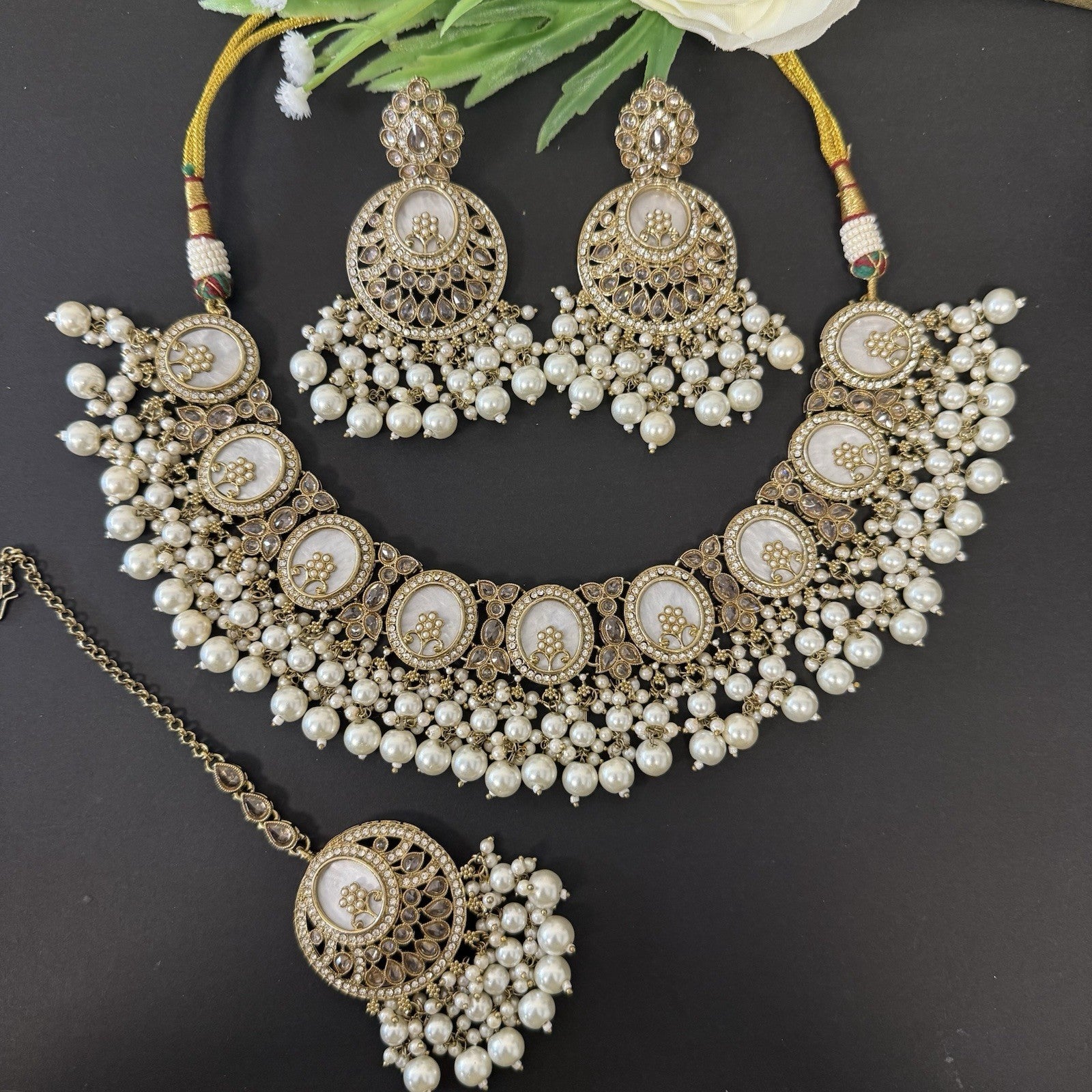 Luxury MOP Mother of Pearl Necklace and Earrings Maang Tikka Set