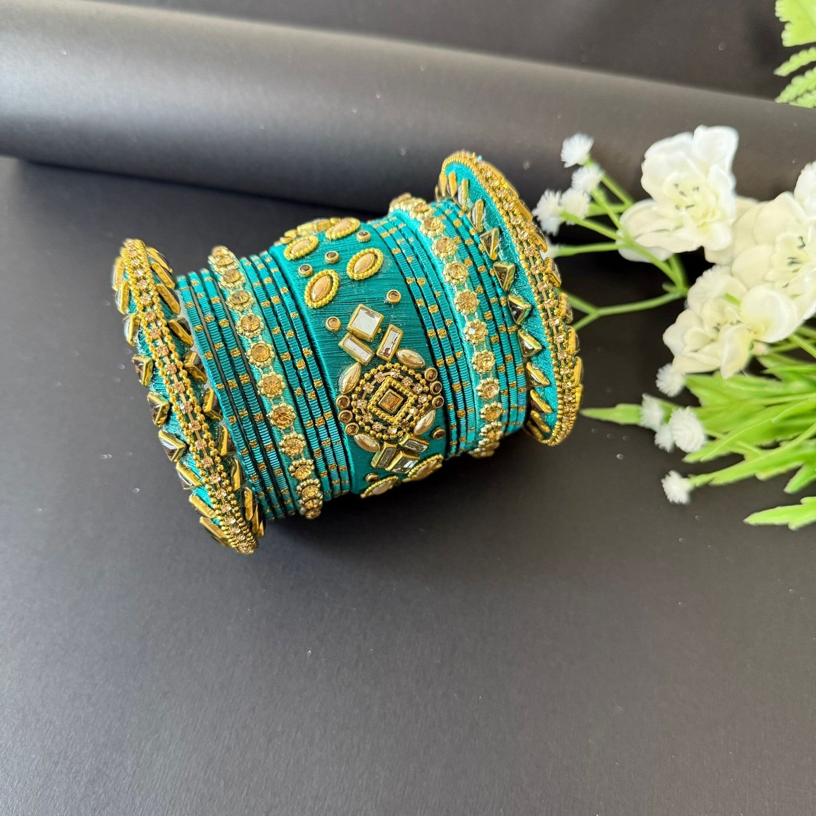 2.6 Teal Green Party Bangles Set Traditional Indian Wedding Churi  Jewelry Sets