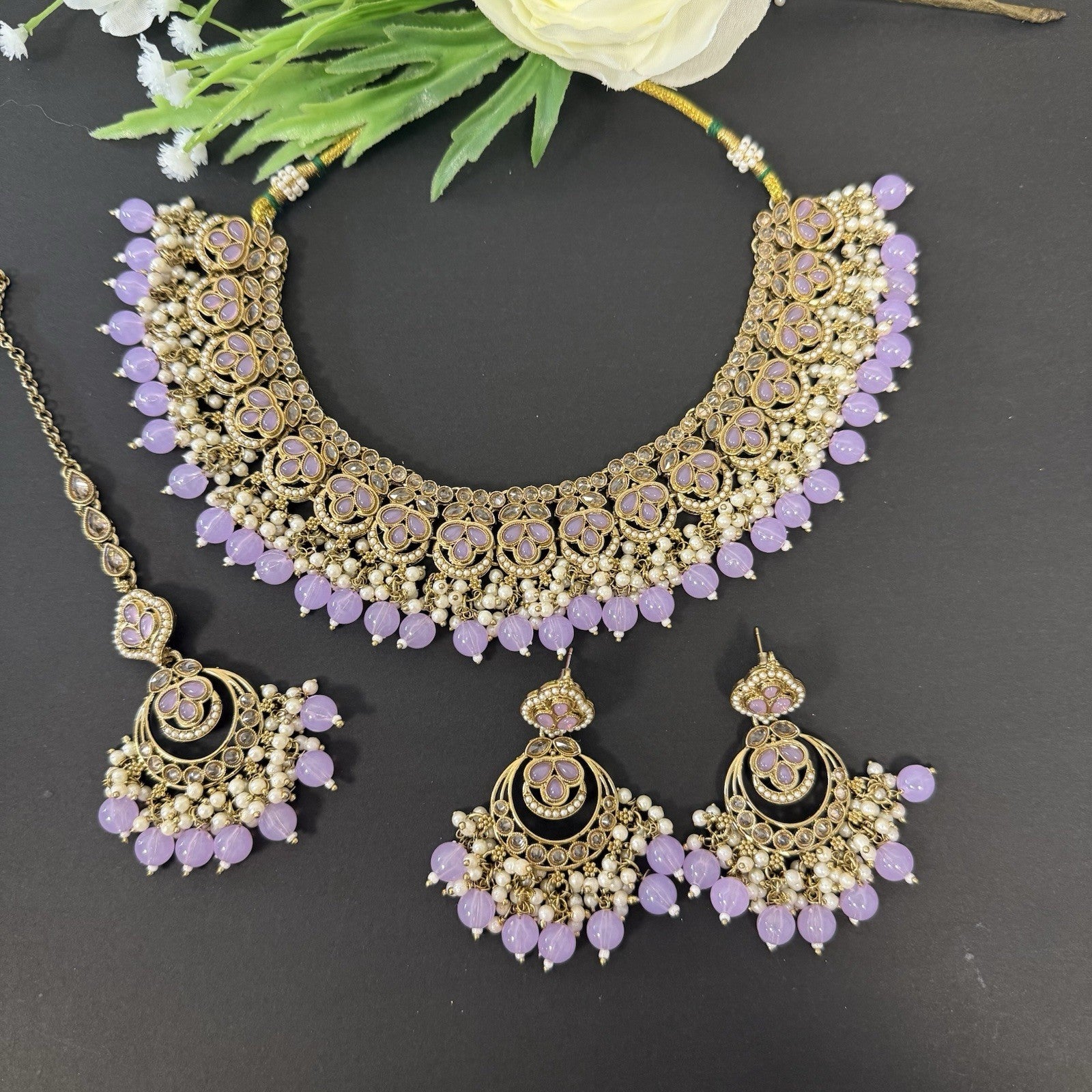 Polki Jewellery Necklace and Earring Set Indian Pakistani Lilac