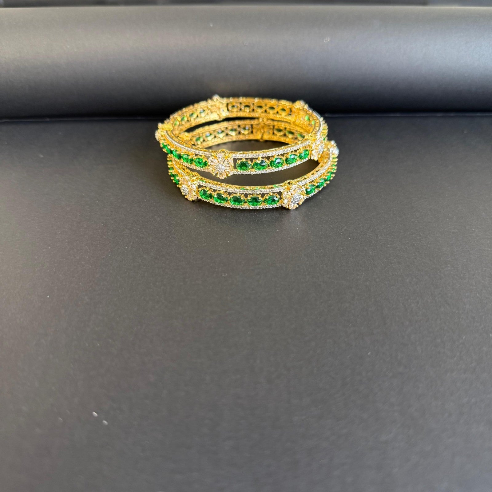 2 Piece Set Artificial 2.4 Indian High Quality  Stone Bangle Gold Plated & Green