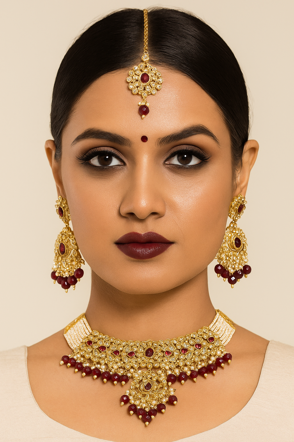 Indian Polki Choker Necklace Set Maroon Beads Gold Finish Earrings Tikka
