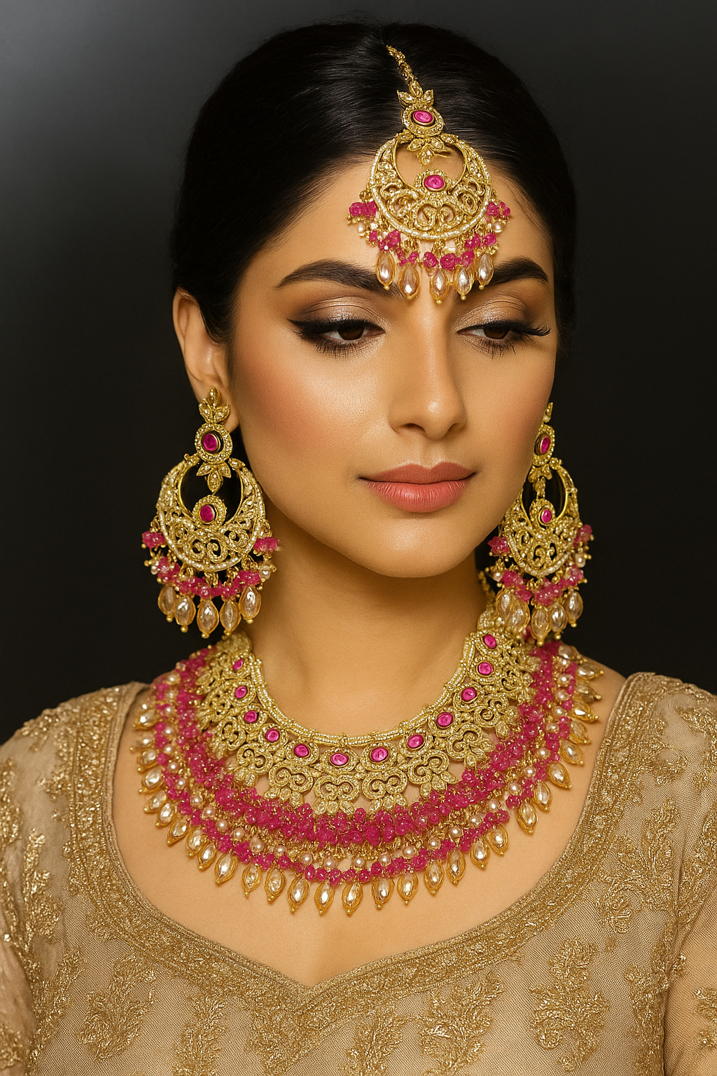 Indian Shocking Pink Wedding Jewelry Set  Kundan Necklace Earrings Maang Tikka