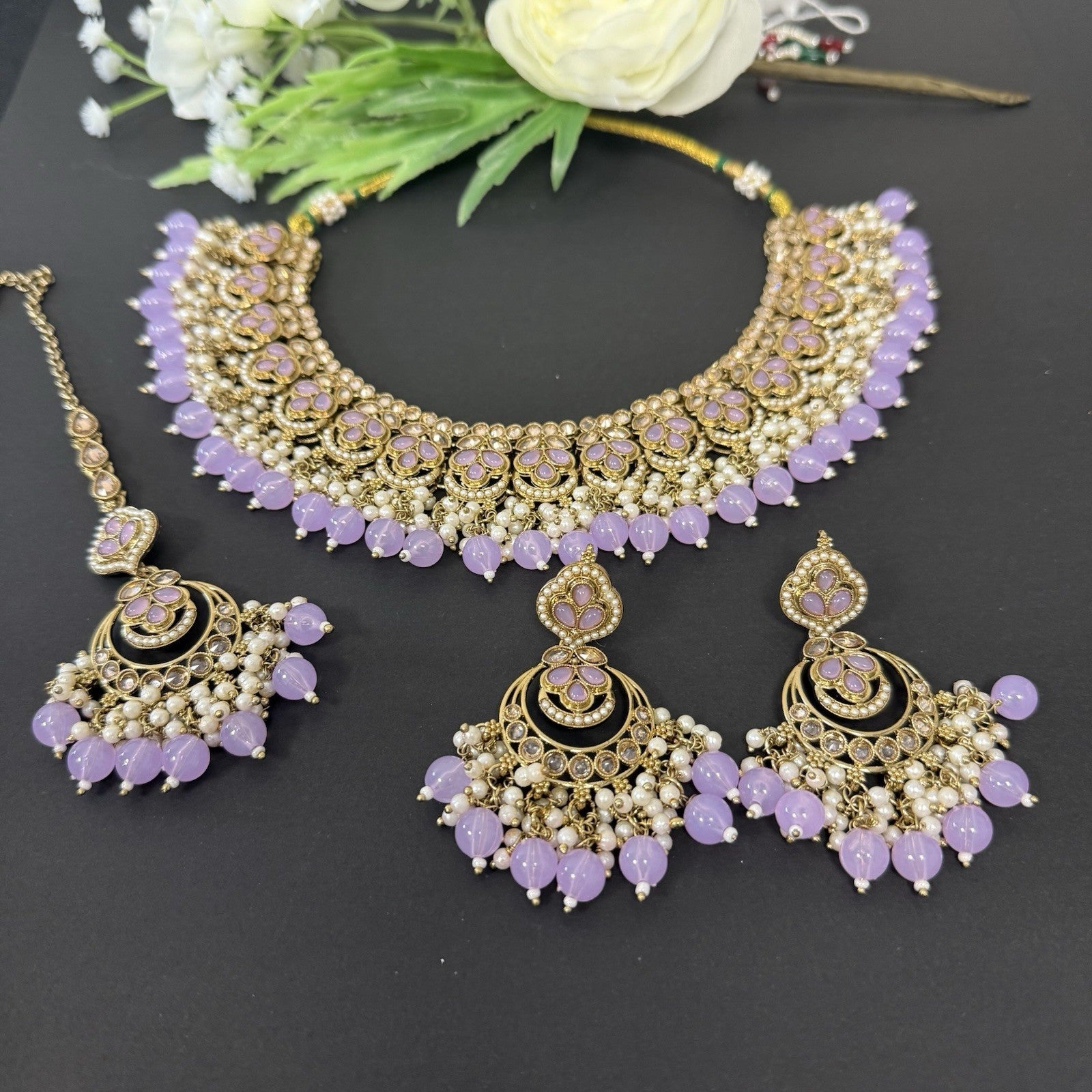 Polki Jewellery Necklace and Earring Set Indian Pakistani Lilac
