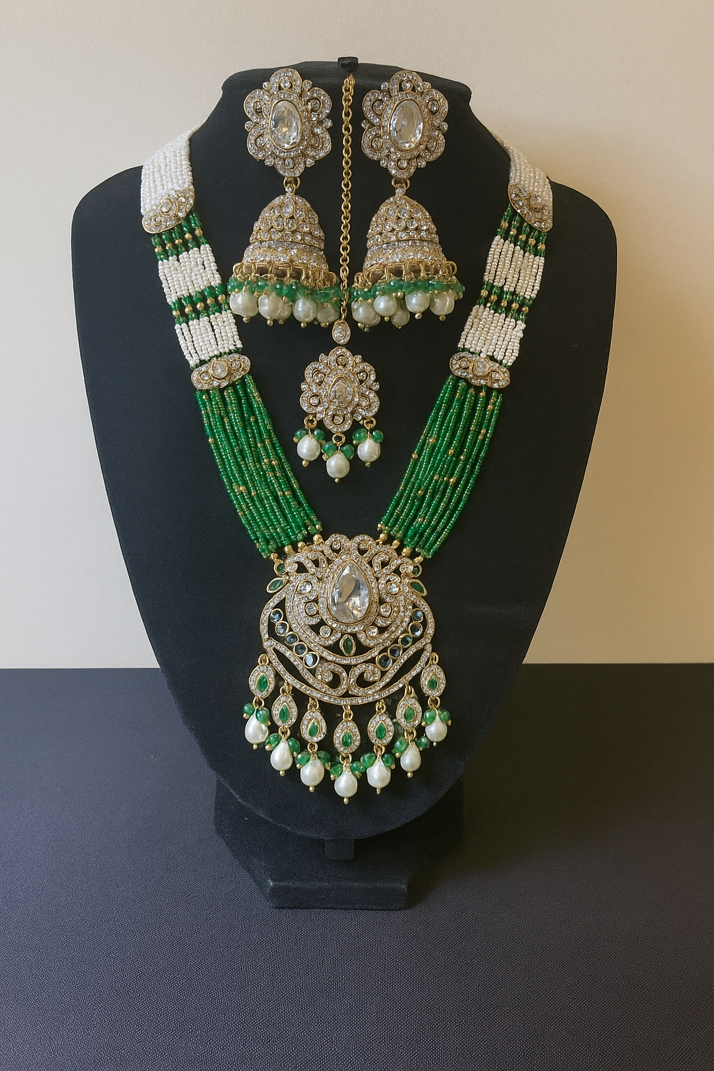 Bridal Kundan American Diamond Jewelry Set – Green &White Beaded Necklace