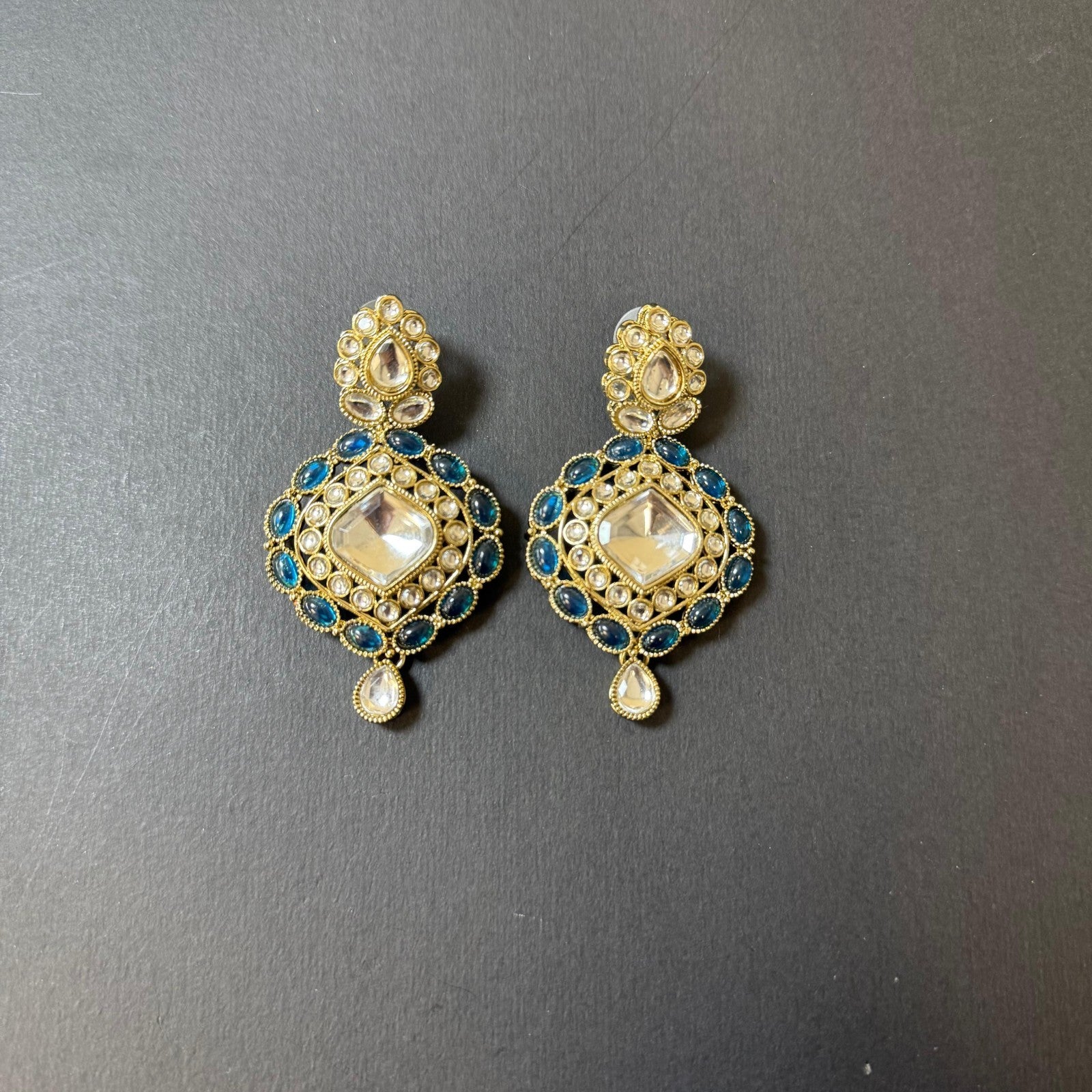 Indian Bridal Kundan Polki Choker Necklace Set Teal Blue Gold Earring & Tikka