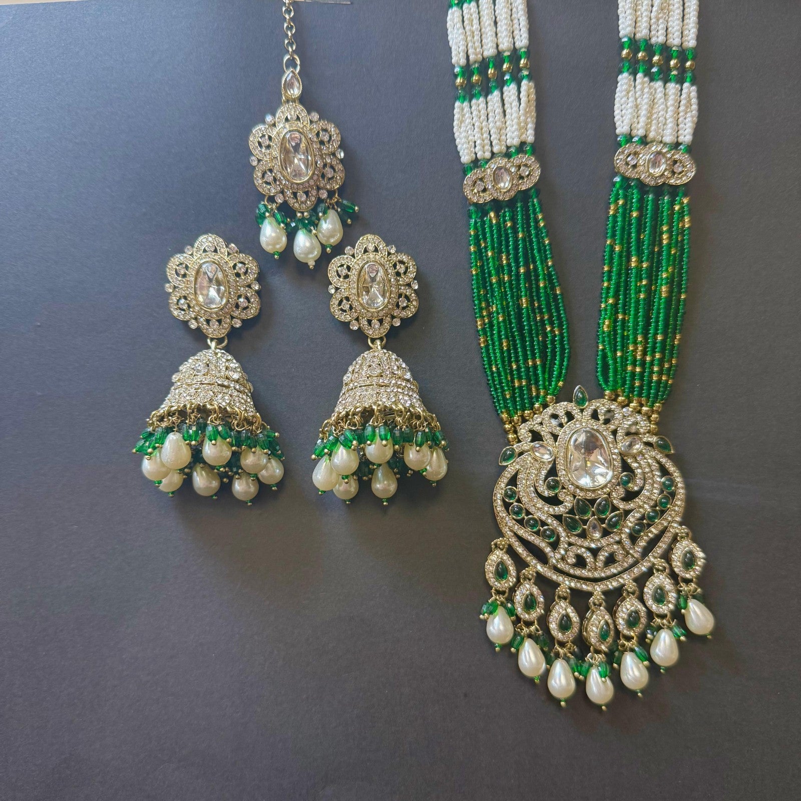 Bridal Kundan American Diamond Jewelry Set – Green &White Beaded Necklace