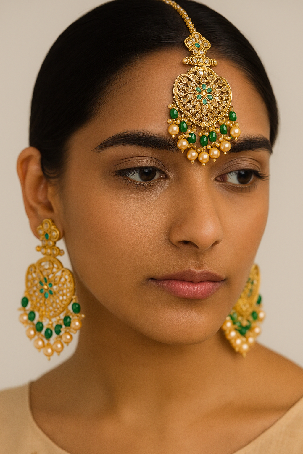 Indian Kundan Earring Tikka Set Gold-Plated Bridal Jewelry Green Stones Pearls
