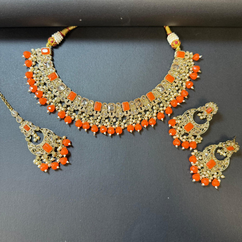 Indian Weeding Necklace Set Earrings Maang Tikka Gold Plated Orange Stone Pearl