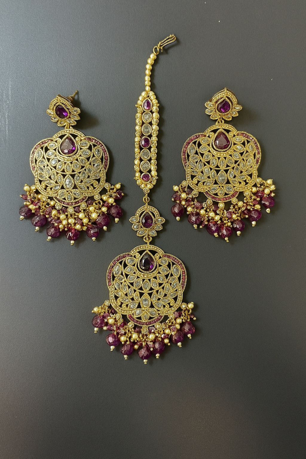 Gold Purple Jewelry Set Earrings Maang Tikka Indian Wedding Jewelry Stones Pearl