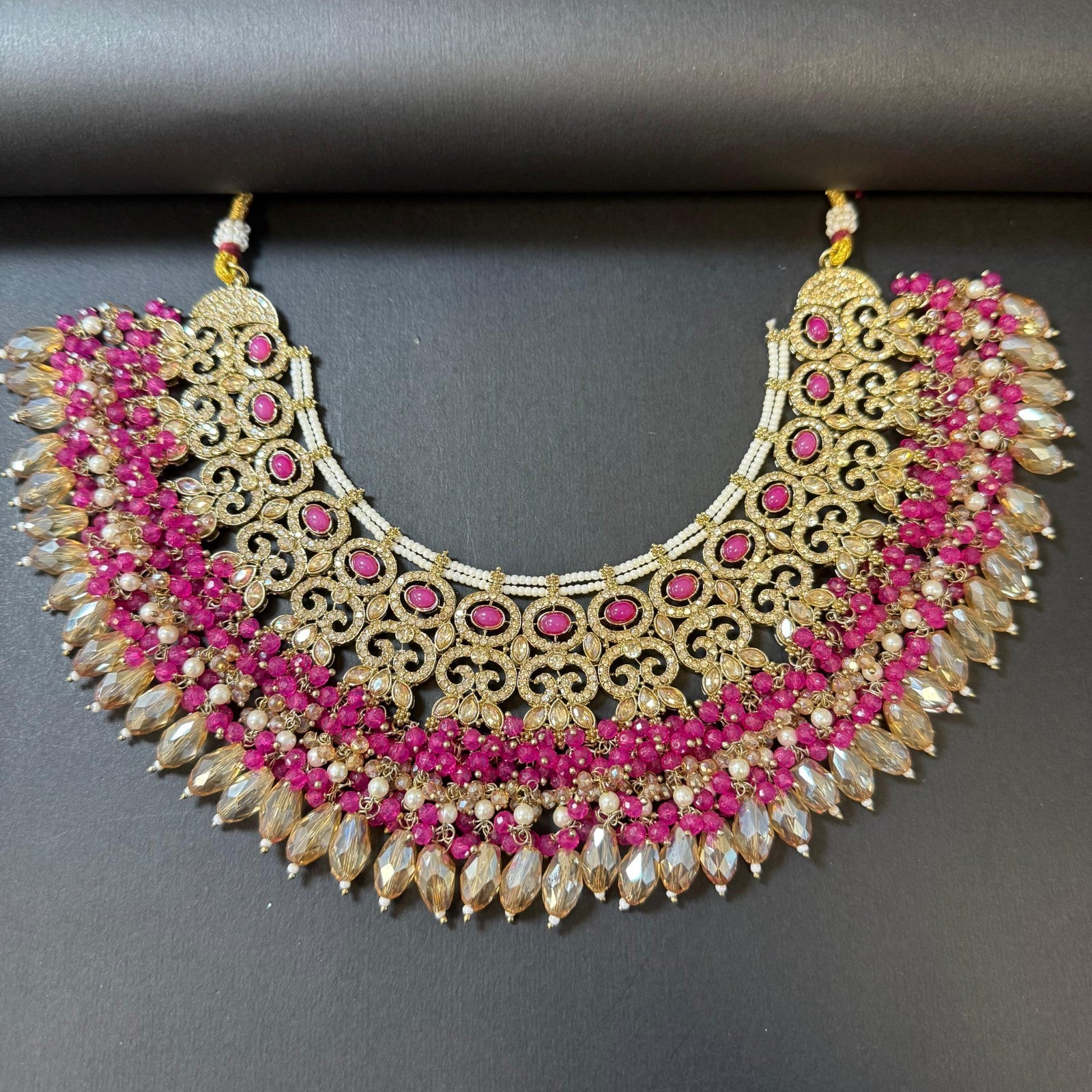 Indian Shocking Pink Wedding Jewelry Set  Kundan Necklace Earrings Maang Tikka