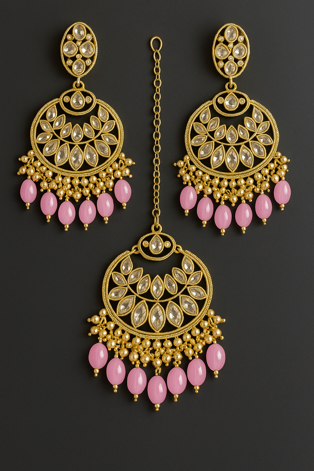 Indian Diamond Cut Earrings Tikka Set Baby Pink Beaded Kundan Jewelry Party Set